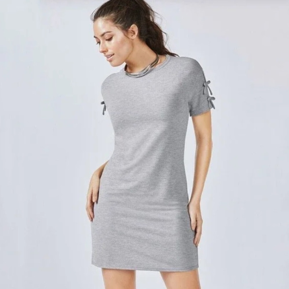 Fabletics, gray T-shirt dress with double bows on sleeves women’s size xs